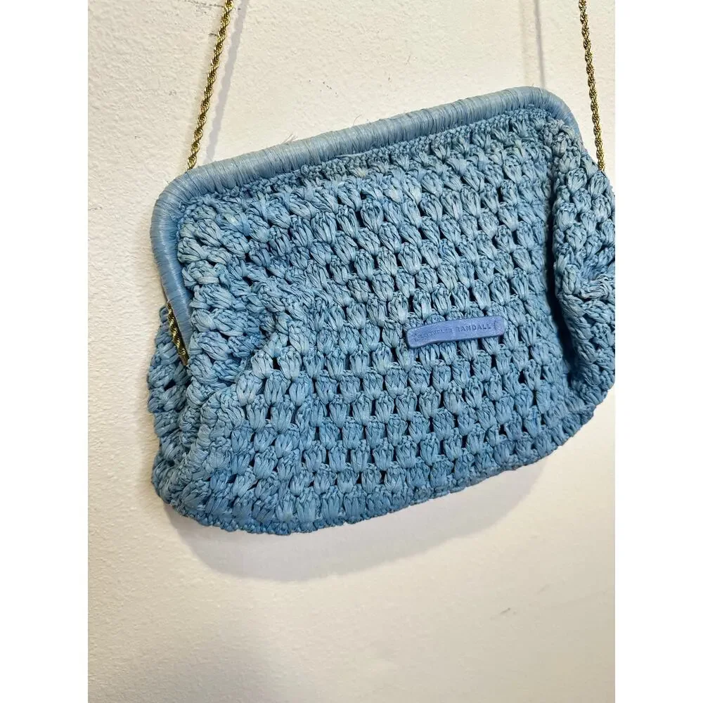 LOEFFLER RANDALL Light Blue Crochet Trudie Frame Gold Chain Clutch Purse Bag